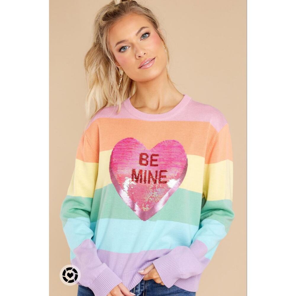 Queen of Sparkles Be Mine Rainbow Sequin Heart Sweater